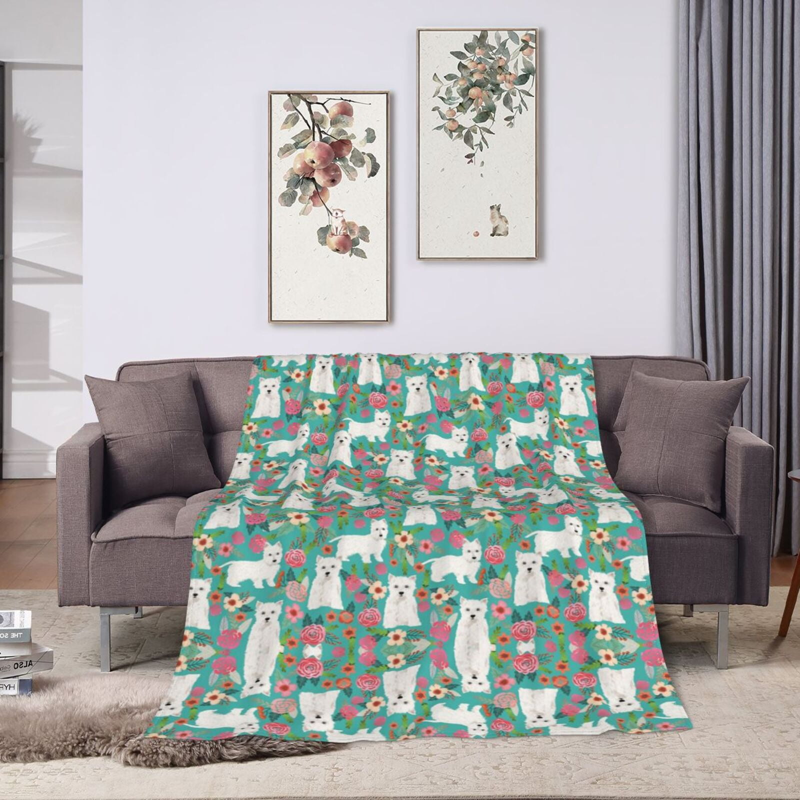 Wijzvio Westie Dog Flower Florals Throw Blanket Soft Fuzzy Fleece Blanket For Couch Bed Living Room Decoration 60"X50"