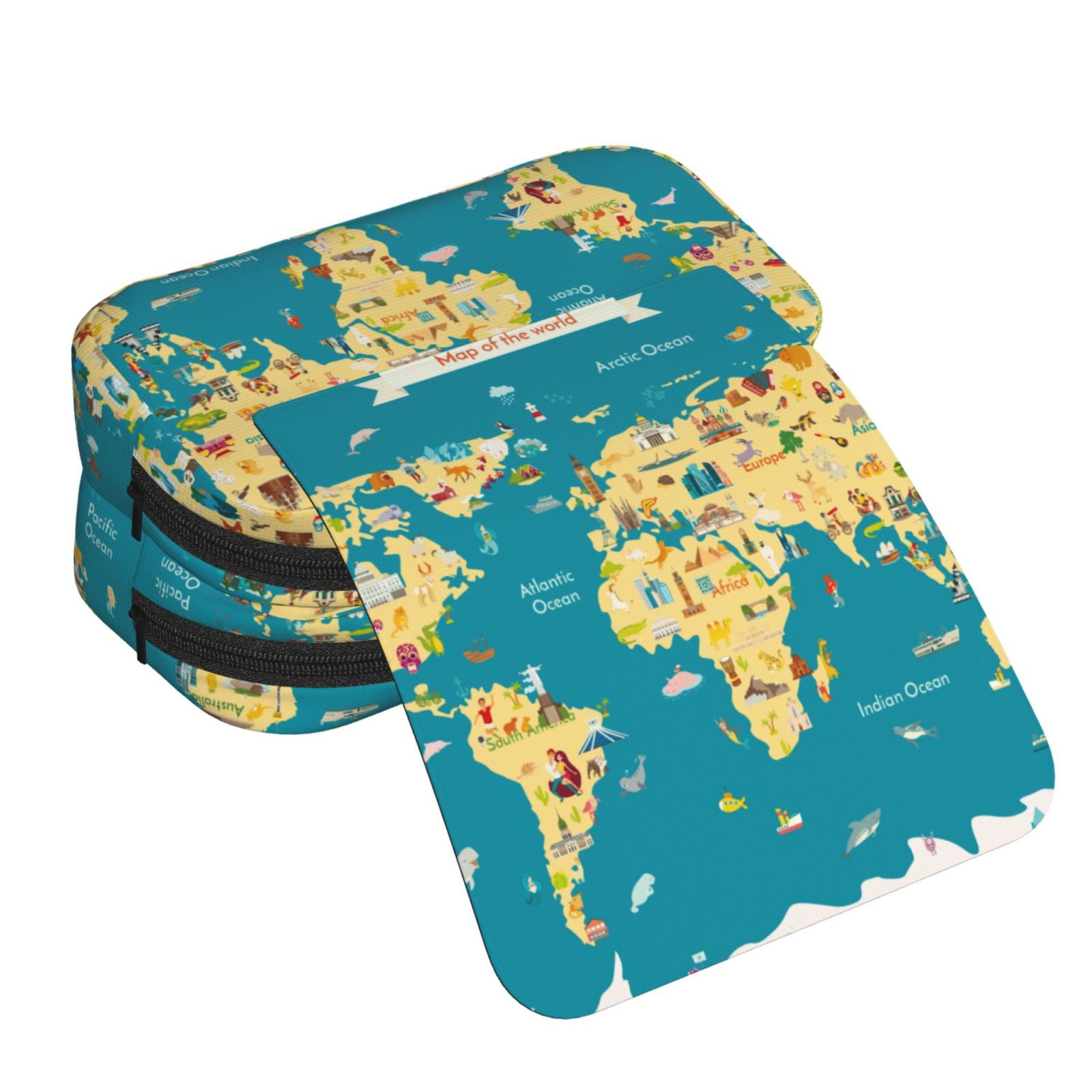 Rateoe World Map With Landmarks Pattern Double Clamshell Pen Case, Storage Organizer with Two Zipper Compartments– Holds Up to 50 Pencils & Pens