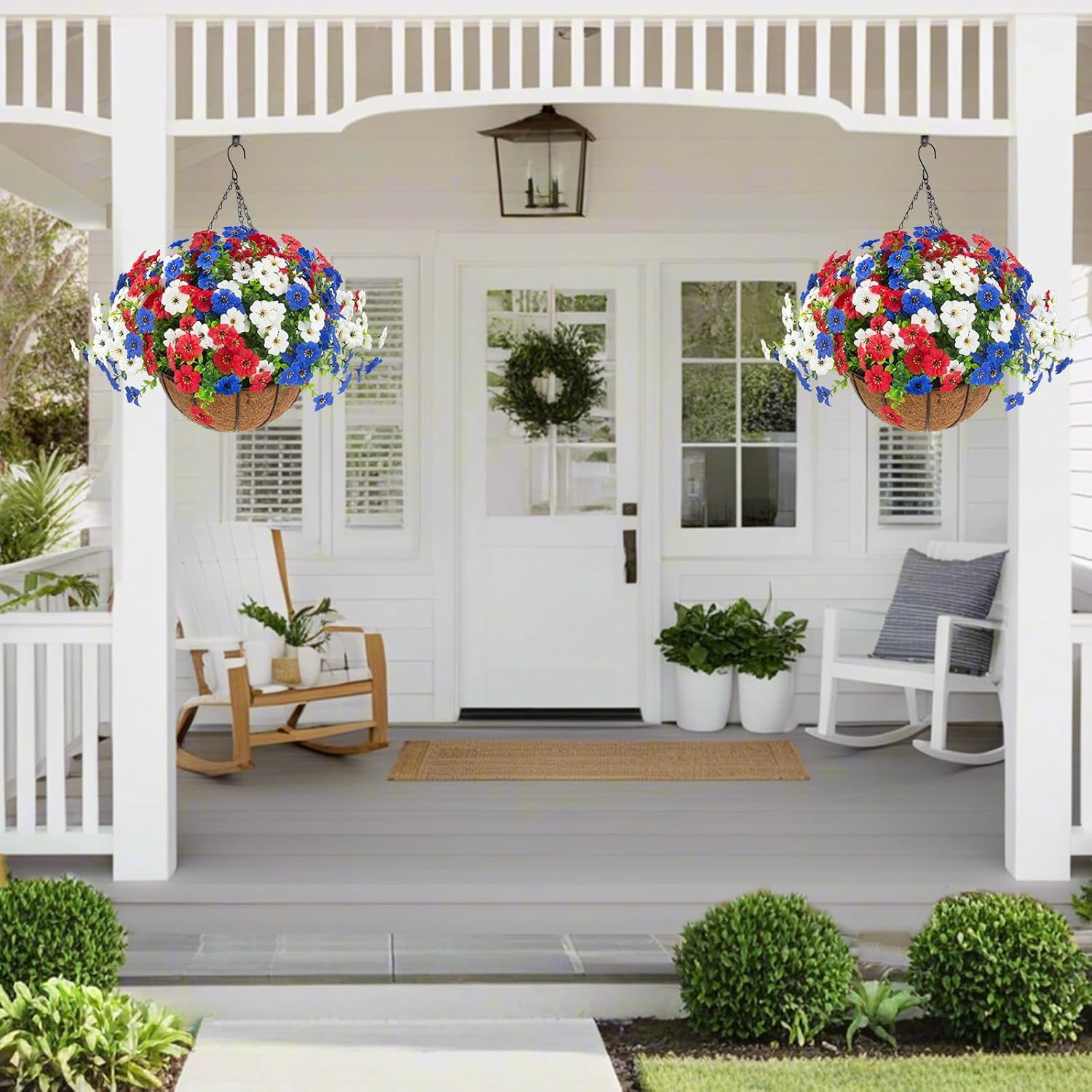 2 Sets Patriotic Artificial Hanging Flowers with Baskets, Red White Blue 4th of July Artificial Flowers, Outdoor Hanging Planter Decor for Front Porch, Patio, Garden Summer Holiday Decoration