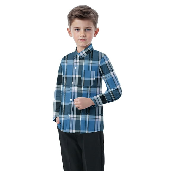 Eltusu Boys Plaid Shirts, Breathable Casual Lapel Collar Comfy Button-Down Shirts Blue Size 8 T