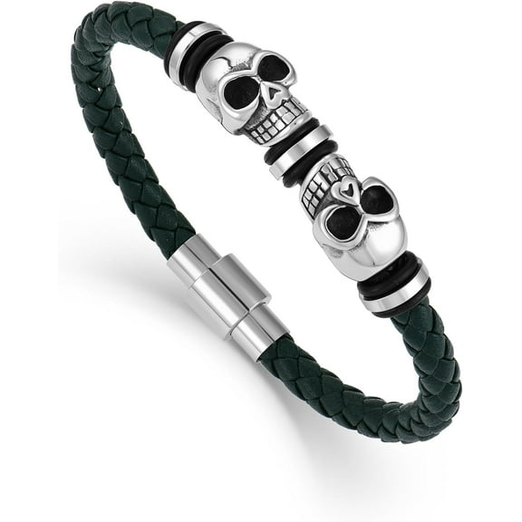 Mens Leather Skull Bracelet Multi-Layer Braided Skeleton Bracelet Punk Hip Hop Wristband Father's Day Birthday Jewelry Gifts for Men 8.5" Stainless Steel Buckle Bangle