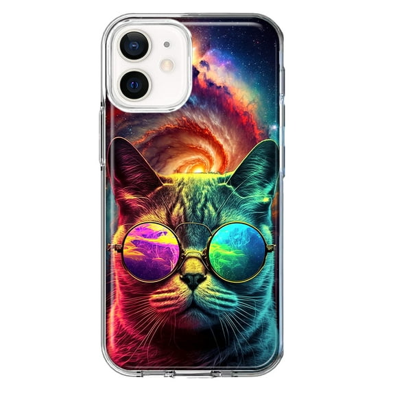 MUNDAZE Apple iPhone 11 Neon Rainbow Galaxy Cat Shockproof Clear Hybrid Protective Phone Case Cover