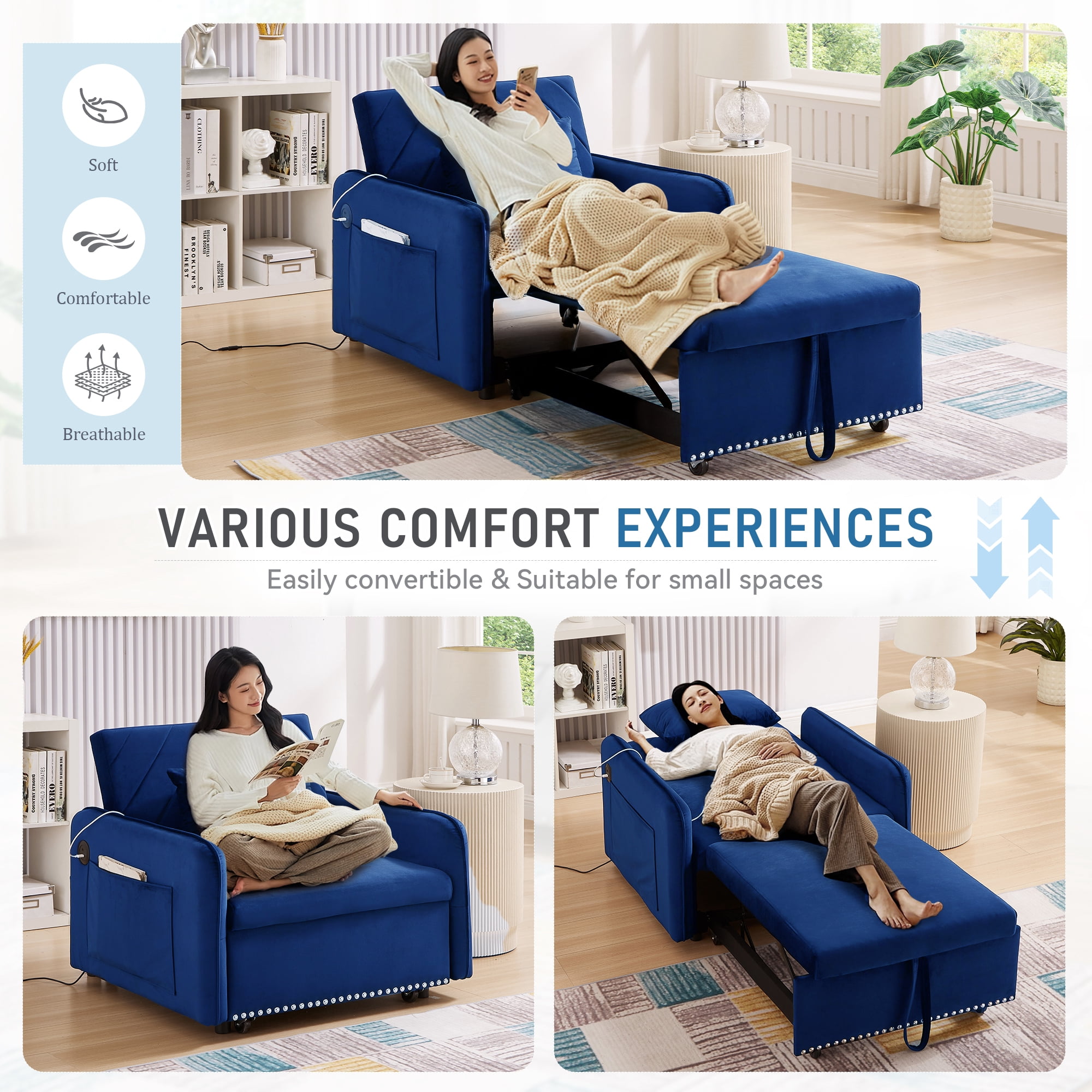 Lunale 3-in-1 Convertible Sleeper Chair Bed, Indoor Lounge Chair with USB/Type-C, Blue Velvet