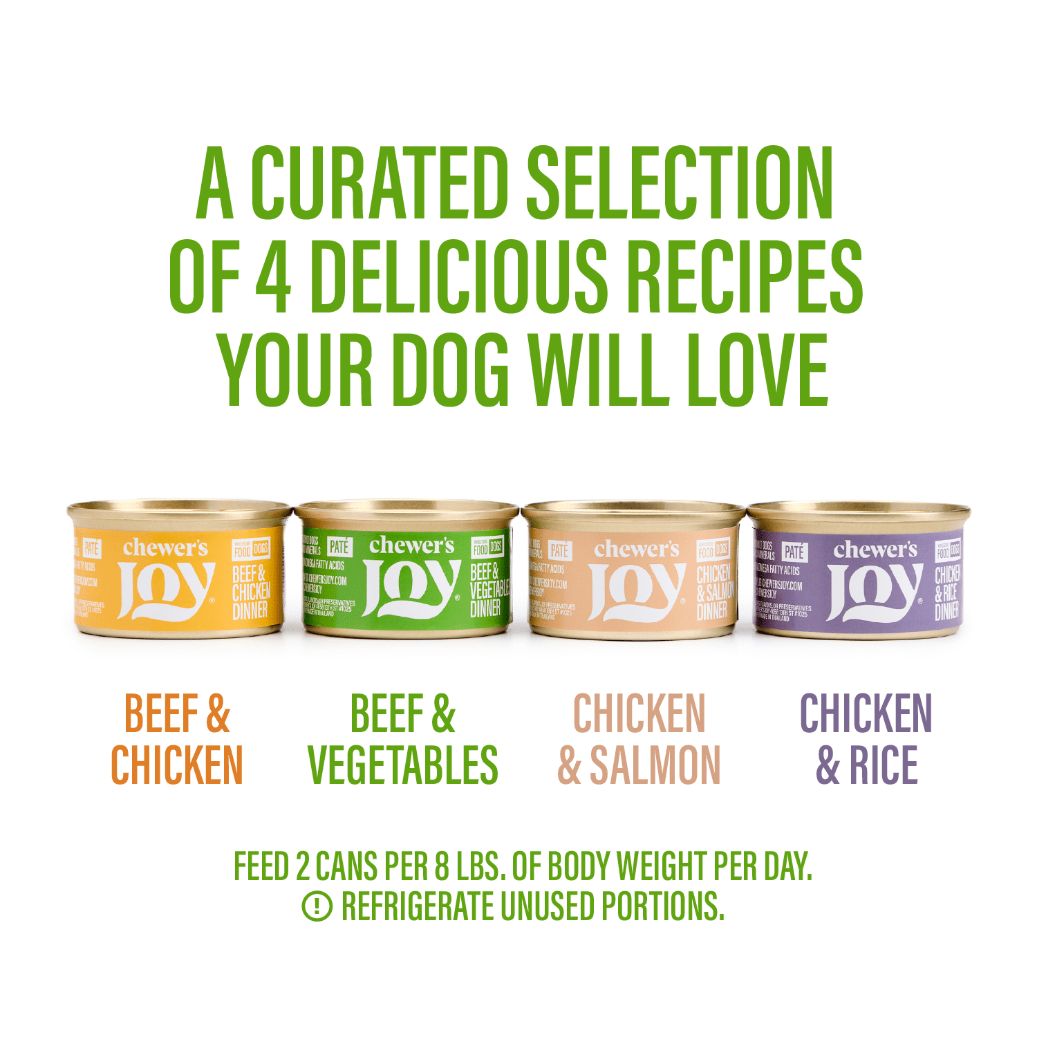 Chewer's Joy Natural Wet Dog Food Variety Pack, Paté Dinner, High Protein, Beef, Chicken, Salmon, Rice, 12 Cans (85g Each)