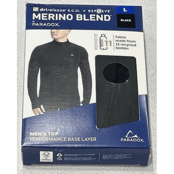 Paradox Men's Merino Blend Drirelease Performance Base Layer Top Black Size L