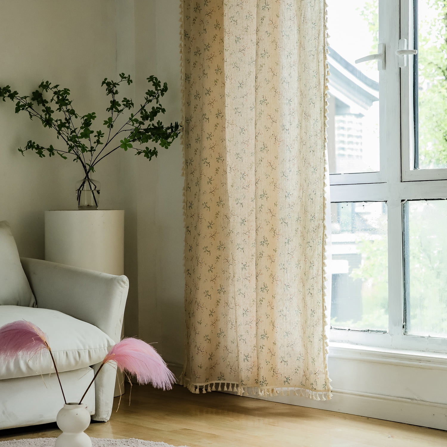 NIUBIER Semi-Blackout Linen Curtains, Floral Pattern, Rod Pocket with Tassels, 52x84 Inches, for Bedroom/Living Room
