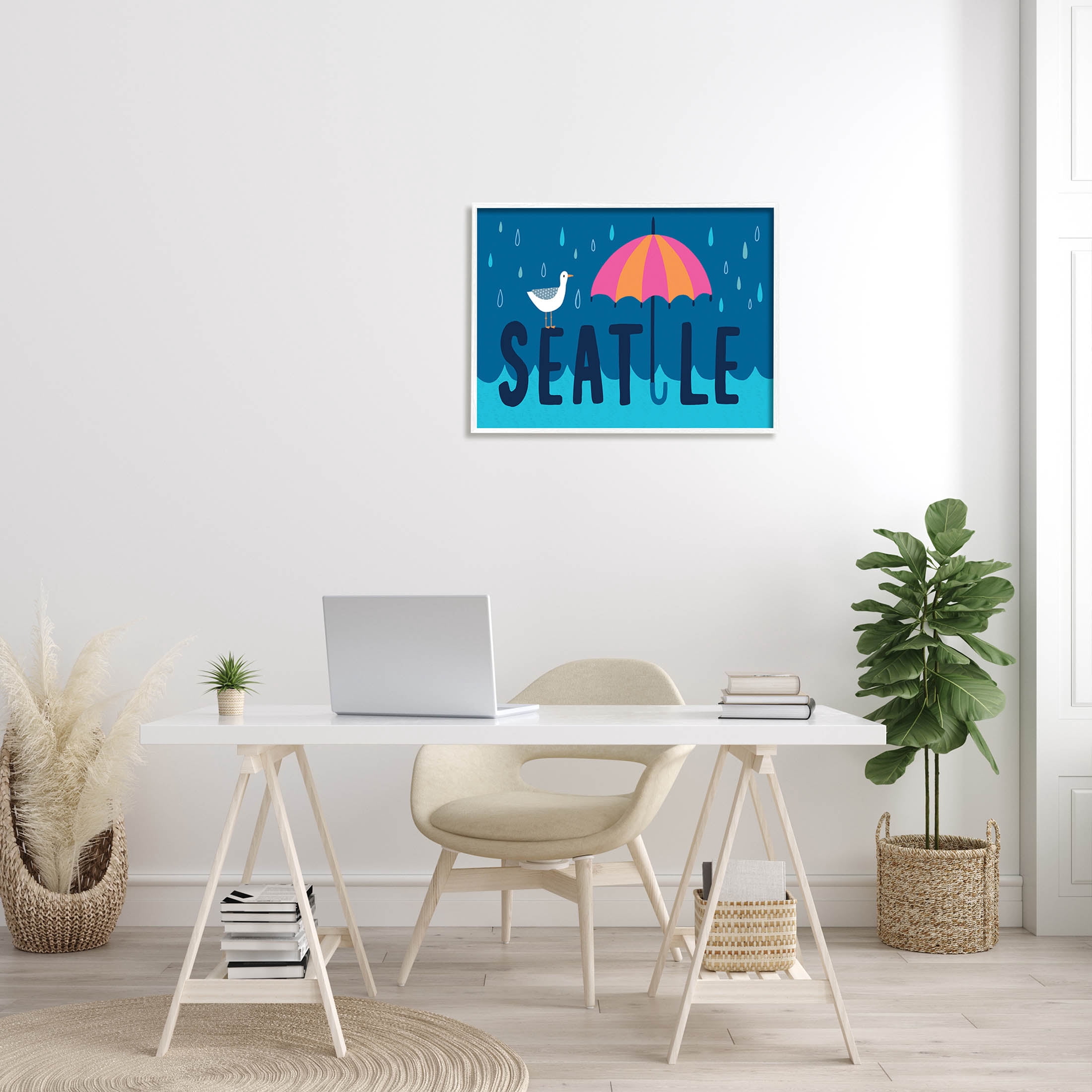 Seattle Raindrops Falling Seagull Animals & Insects Graphic Art White Framed Art Print Wall Art