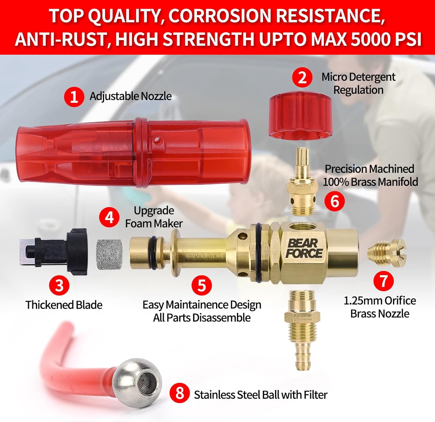 Bear Force Brass Foam Cannon for Pressure Washer with 1/4" Quick Connect, 360° Adjustable Snow Foam Sprayer, 1.25mm & 1.10mm Orifice Nozzle, 32 oz Bottle for Car Wash