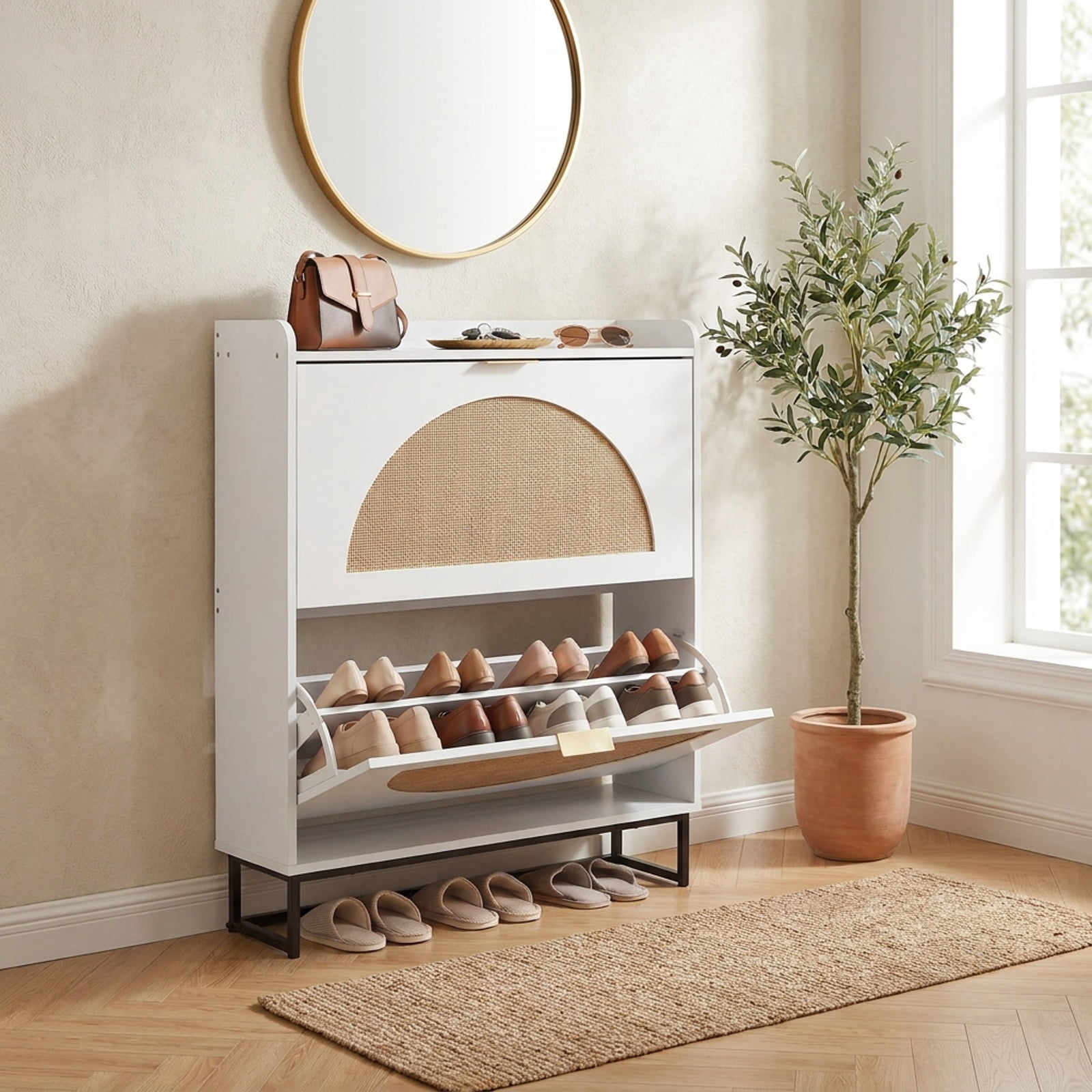 Furnibear Tall Narrow Shoe Storage Cabinet with 2 Flip Drawers Adjustable Removable Shelves and Faux Rattan Doors for Entryway and Apartment, White
