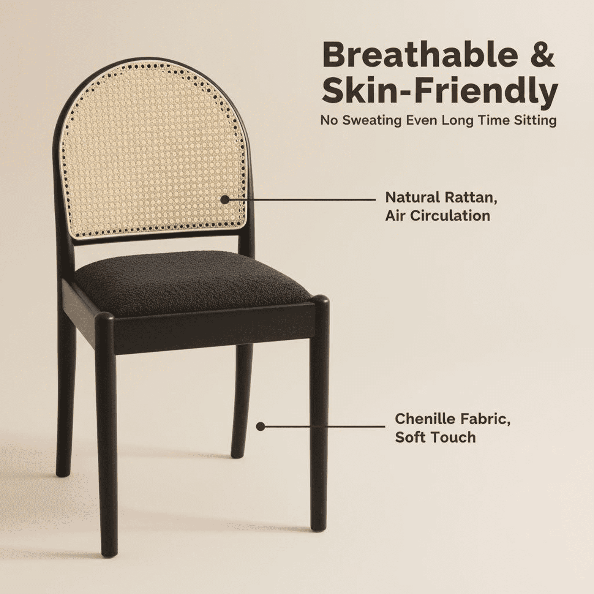 Leumius Rattan Dining Chairs Set of 2, Upholstered Linen Dining Room Chairs with Backrests, Modern Kitchen Chairs with Wood Legs for Dining Room, Black