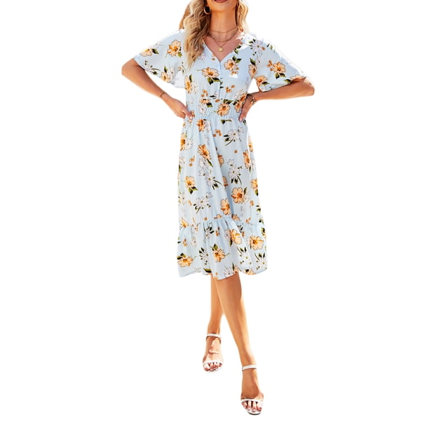 SAYOO Mujer Verano Cuello en V Manga Corta Cintura Alta Ruffle Hem Midi Vestidos SAYOO Sexy