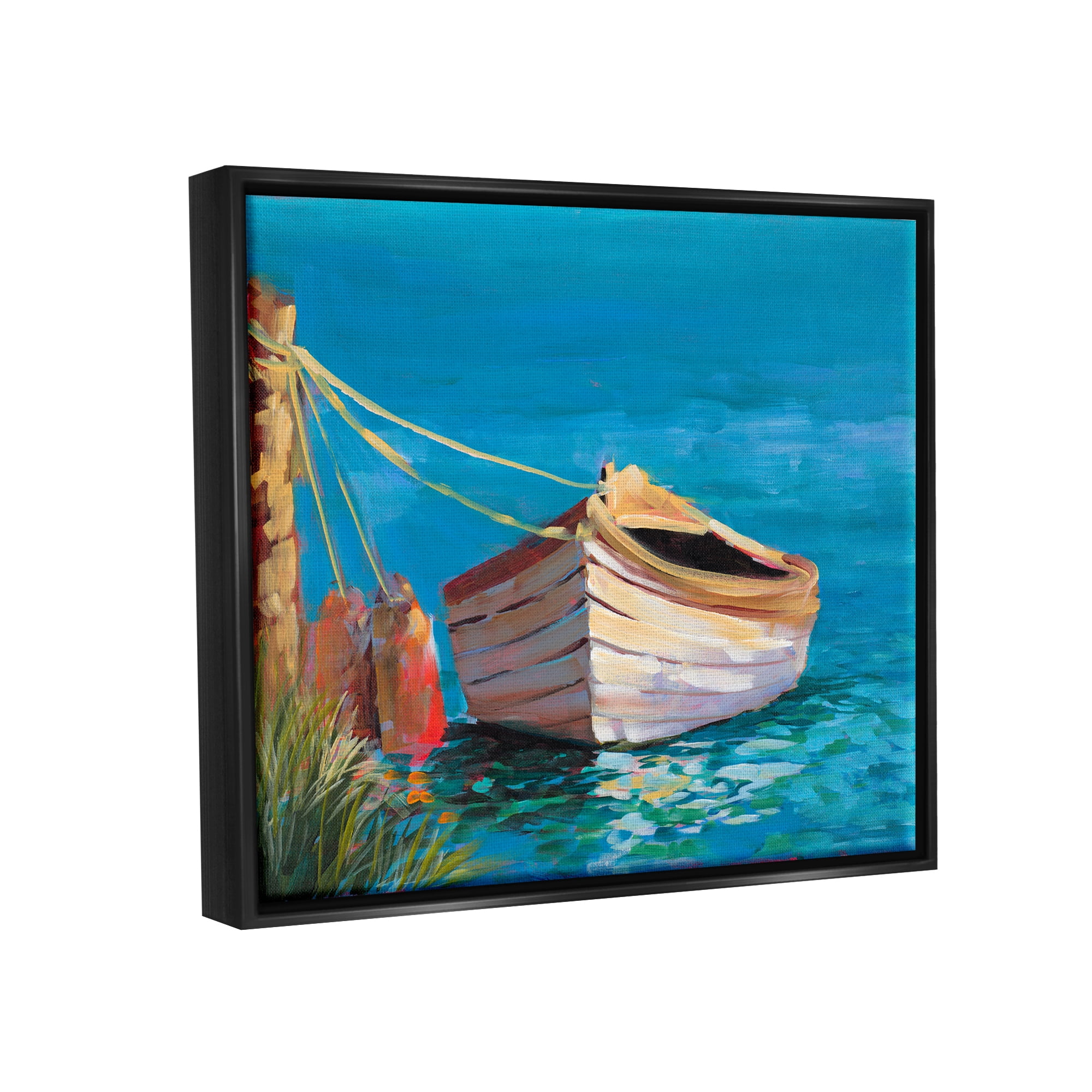 Stupell Industries Docked Boat in Lake Transportation Painting Black Floater Framed Art Print Wall Art, 31 x 25