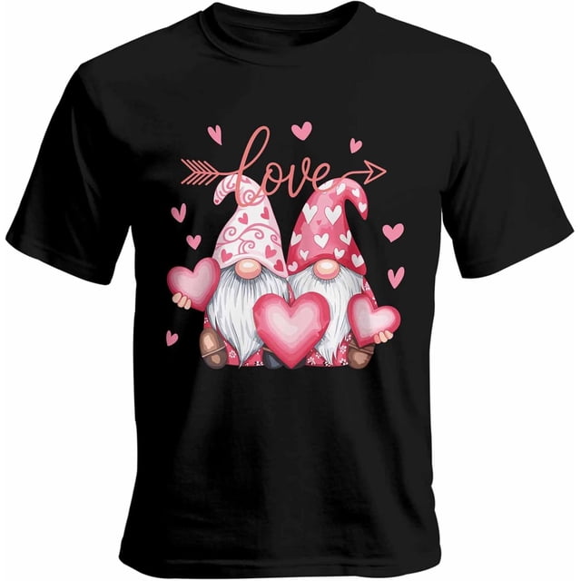 Camisetas informales de manga corta con diseño de gnomo y corazón rosa para hombre, para el Día de San Valentín