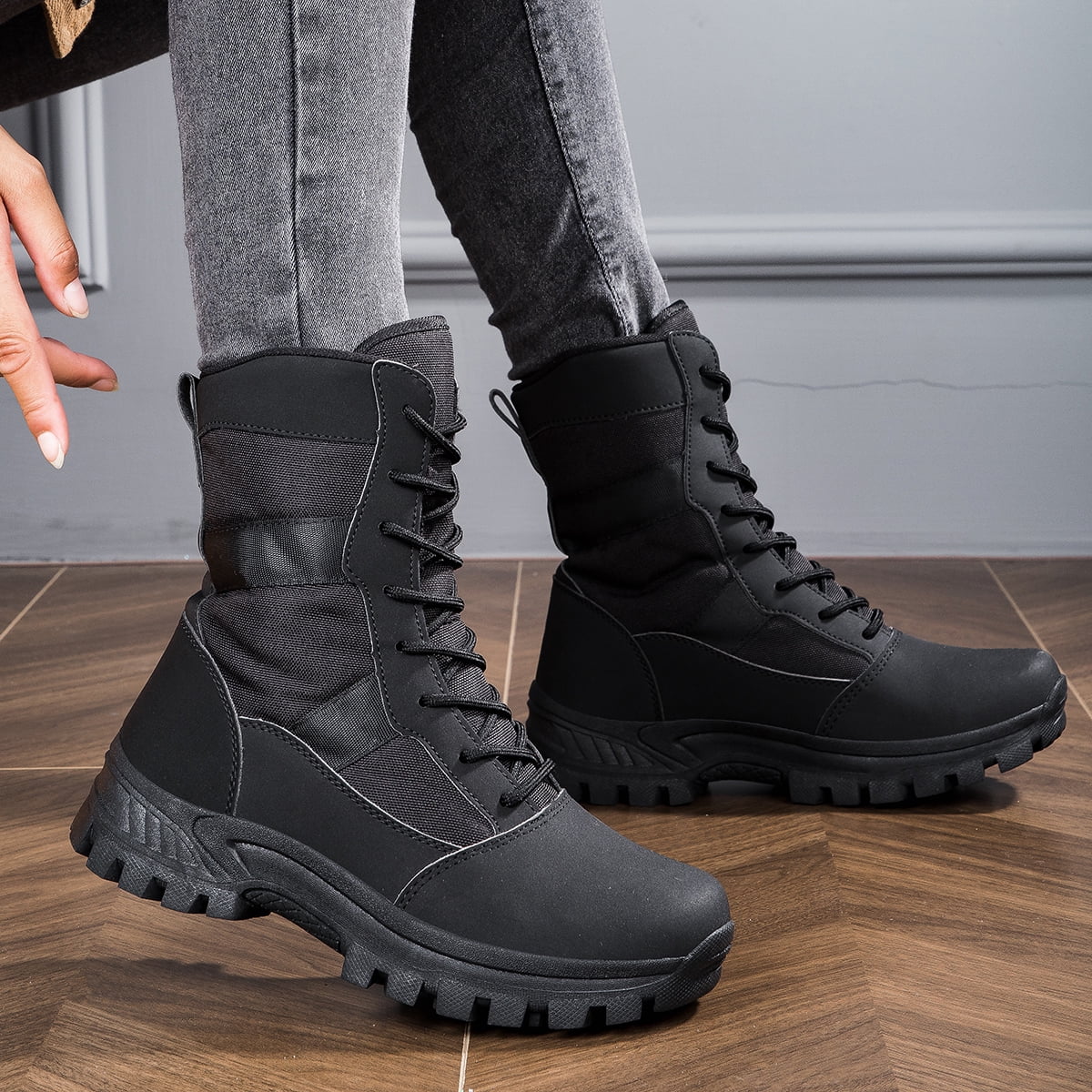 Outdoor Men's Hiking Boots Lightweight PU Leather Male Mid-leg Boots Women Trekking Trails Shoes, Black Color Gig Size US 13