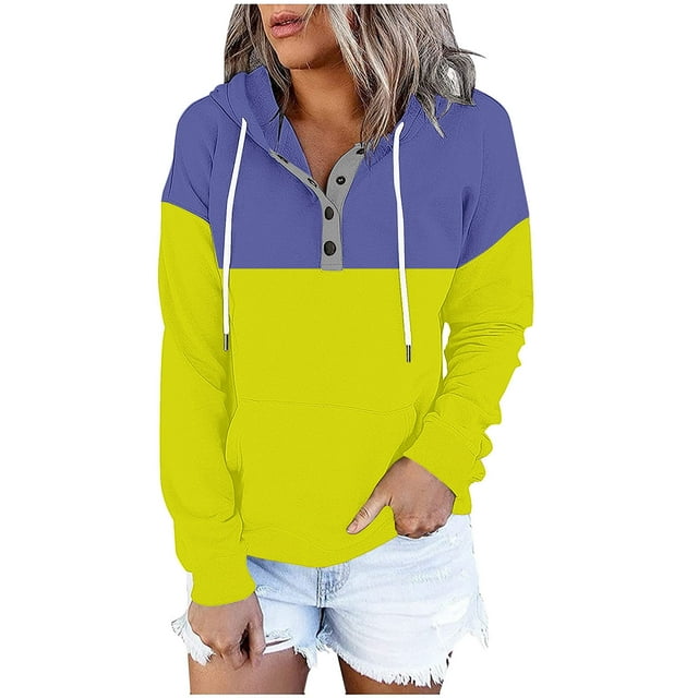 JGGSPWM Chandails à Capuche Contrastants pour Femmes avec Col à Boutons et Cordon de Serrage, Chandail Décontracté à Manches Longues, Jaune P