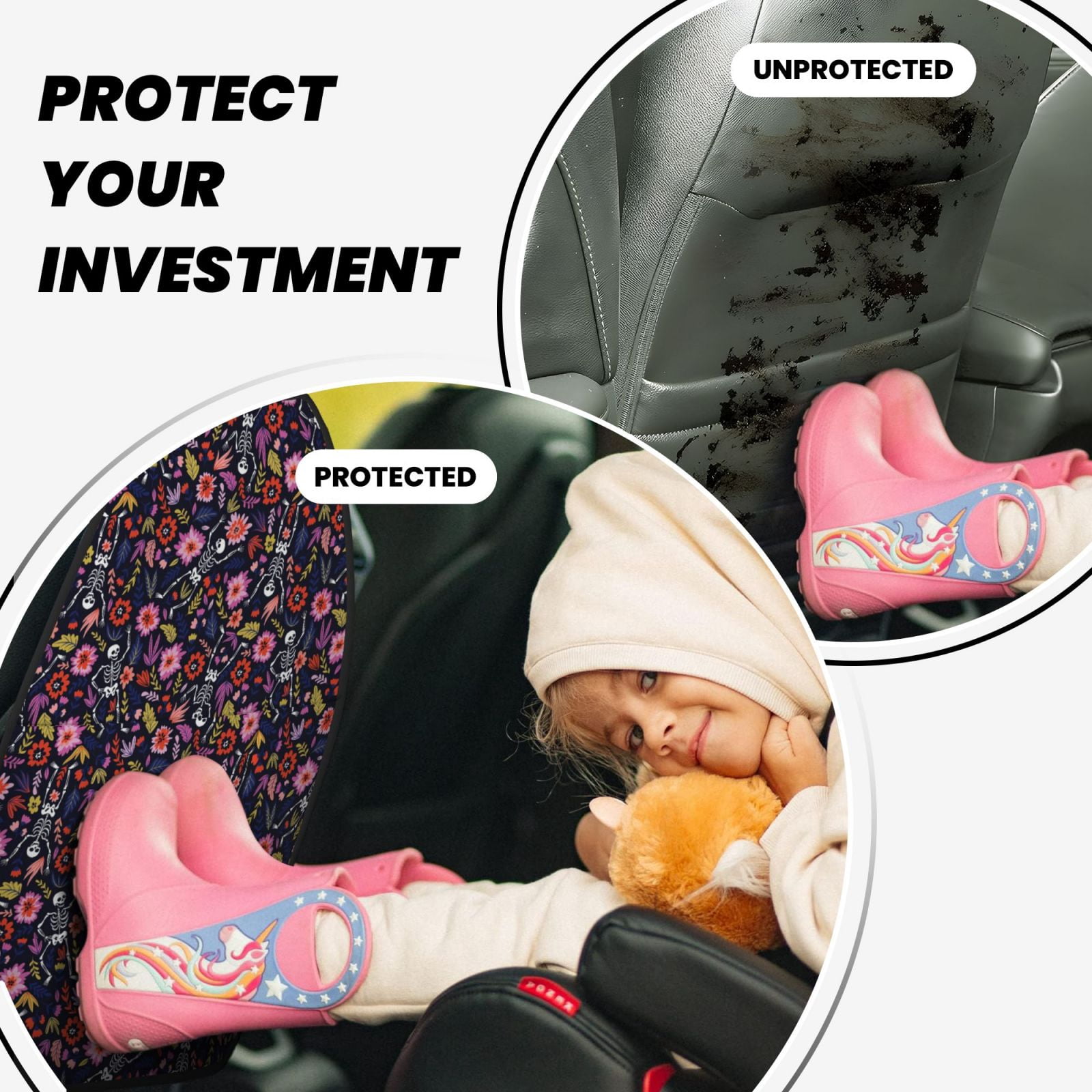 Kdxio Dancing Skeletons Floral Garden Print 2 Pack Car Kick Mat Seat Cover Back Protector Mat with Pockets for Organizer Backseat Protector and Storage Anti Kick Pad for Vehicles