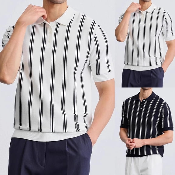 RYDCOT Men's Vintage Knit Polo Shirt Short Sleeve Striped Button Down Knitting Golf Shirts Vintage Casual Summer Beach Tops