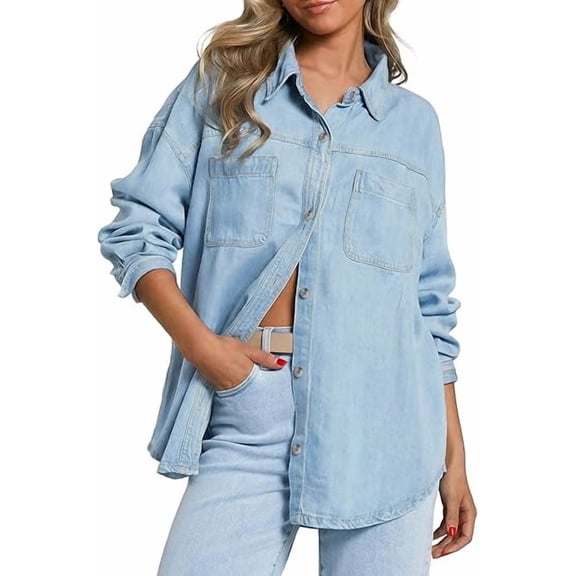 EMMIOL Women's Oversized 100% Cotton Denim Shirt Long Sleeve Button-Down Blouse with Pockets Casual Western Style