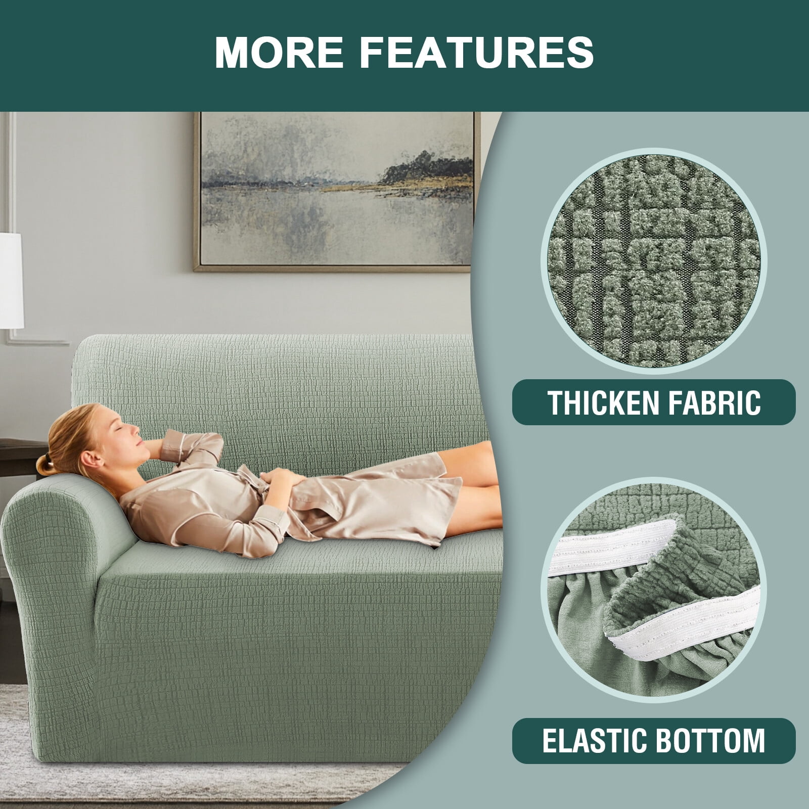 H.VERSAILTEX Premium Jacquard Stretch Sofa Cover with Waterproof Seat & Elastic Bottom Protection for Kids,Pets 1-Piece Furniture Protector Slipcover(Loveseat,Sea Grass)