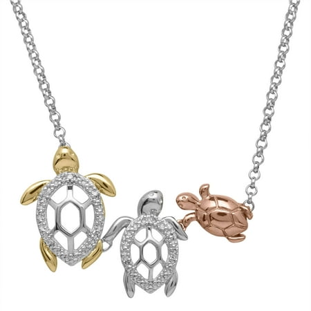 Petite Expressions Diamond Accent Tri-Color Turtle Family Necklace in 18kt Gold-Plated over Sterling Silver, 17