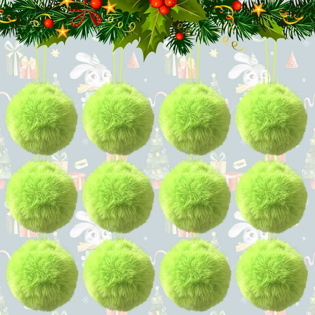 Lime Green Furry Christmas Ornaments, 12 Pcs Tree Decorations, Soft Green Flocked hanging ornaments, Festive holiday tree accents, Durable plush material, 6cm size, for living room Christmas