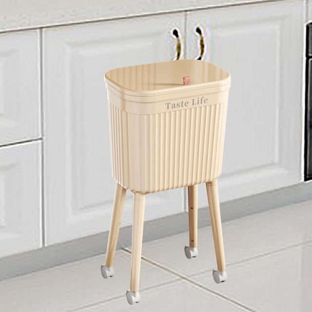 Cubo de basura alto con ruedas, cubo de basura de gran capacidad, cubo de almacenamiento multifuncional, cubo interior extraíble de apertura amplia y beige