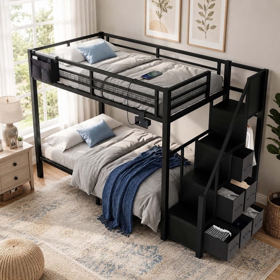 Twin Over Twin Bunk Bed with Storage Steps, Metal Bunk Bed Frame with 6 Drawers, Charging Station, Storage Bag and Wall Anchor Kit, Black