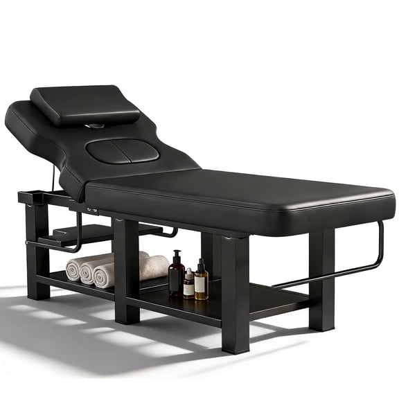 Pro Heavy Duty Stationary Massage Treatment Table,Salon Beauty Facial Bed Adjustable Backrest with Open-Chest,Headrest Metal Frame PU Leather for Spa,Tattoo,Esthetician(Black)