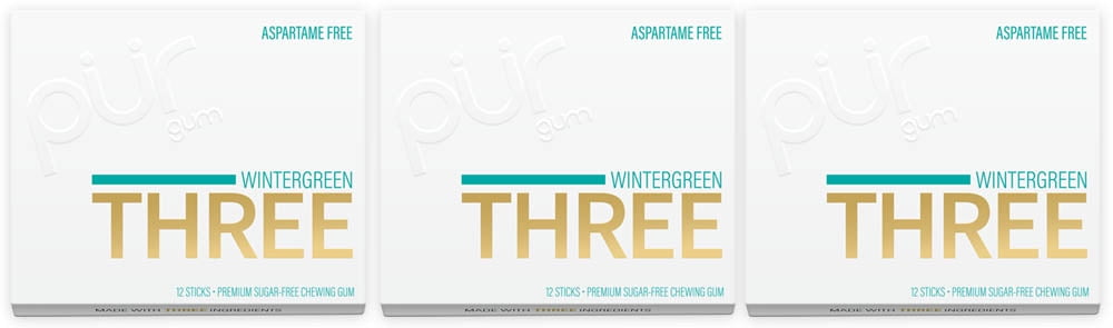 THREE Gum Sugar Free Chewing Gum with Xylitol - Natural Wintergreen Flavor - 12 Pieces (Pack of 3)