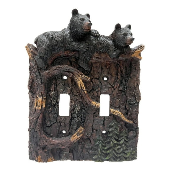 Bear Climbing on Tree Branch Double Toggle Switch Cover – Decorative Resin Wall Plate for Rustic Cabin and Lodge Décor – Fits Two-Gang Light Switches