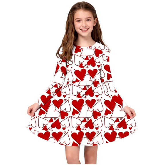 Girls Valentine’s Day White Heart Print Long Sleeve A-Line Flowy Dress - Stretchy Machine Washable 4-14 Years,Size 5-6 T