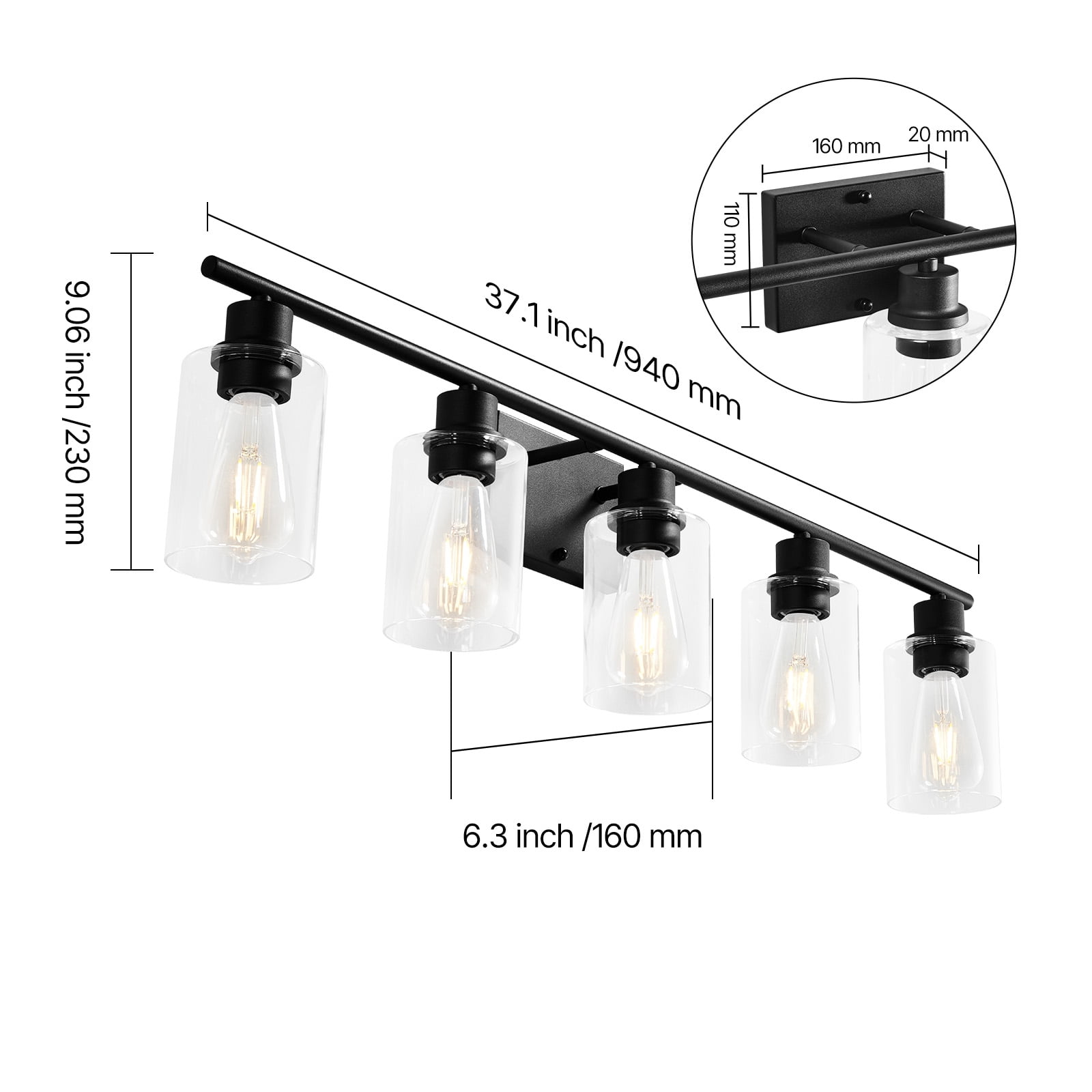 KFFKFF 5-Light Bathroom Vanity Fixture, 37.1-Inch Modern Wall Light with Clear Glass Shades, 60W, Suitable for Bathroom, Living Room, Bedroom, Hallway, E26 Base (Bulbs Not Included)