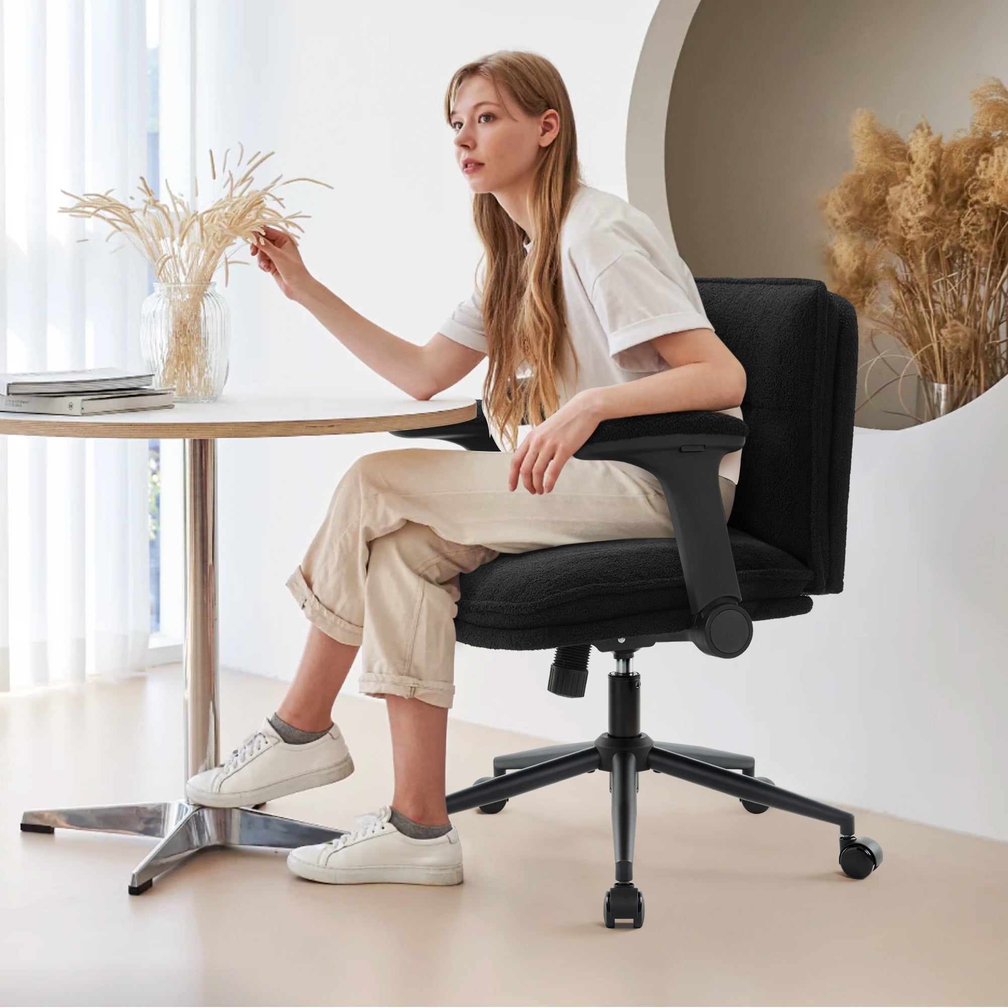 Black Cross Legged Office Chair with Flip-Up Arms and Wheels with Wide Seat, Fabric Ergonomic Adjustable Height Desk Chairs, Swivel Chair for Home Office