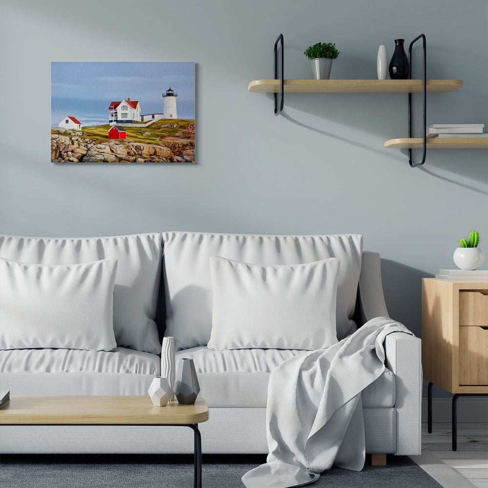 Stupell Industries Lighthouse On Hill Green Red Coastal Painting Canvas Wall Art by Emily Kalina