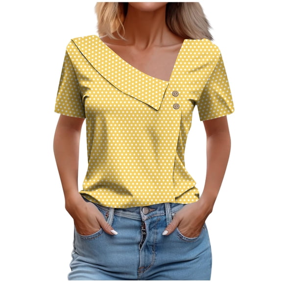 ZQUUVOU Women's Casual T-Shirt Short Sleeved Printed Button Tops Yellow (L)