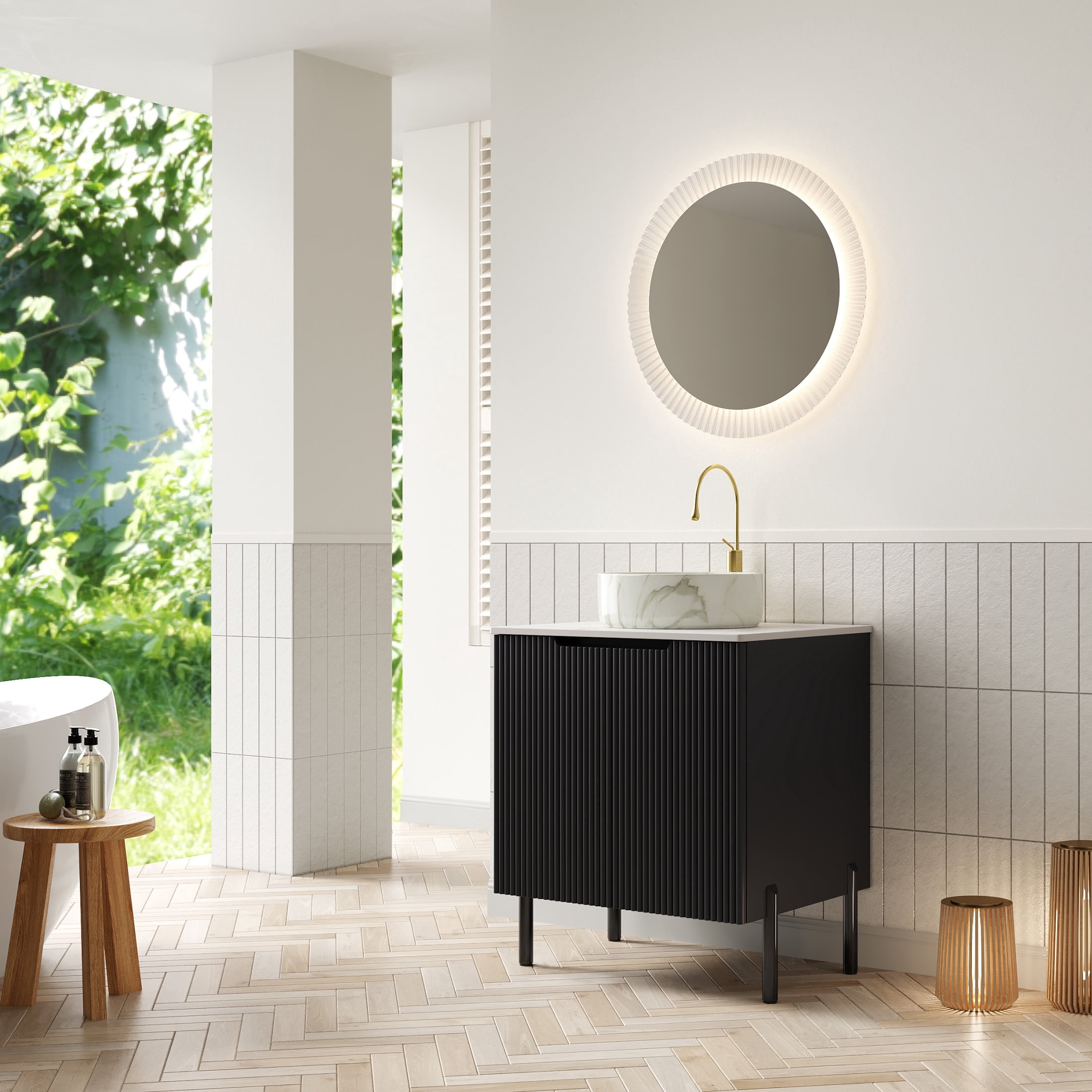 Noble House TURIO 24" Bathroom Vanity with Sintered Stone Countertop, Storage Cabinet, White Stone Basin, Black