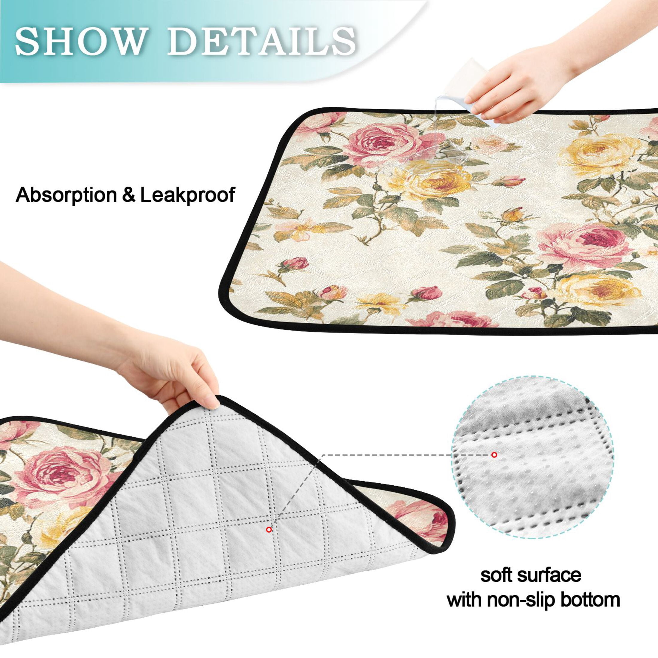 Qxltty Vintage Shabby Chic Floral Pattern with Roses Cat litter Pads Pet Set of 2 Diaper Mats Center Anti-leakage Layer Absorbent Soft and Comfortable
