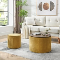 Round Ottoman with Storage Set of 2,Chenille Storage Ottoman with Small Stool for Living Room,Bedroom,Dark yellow