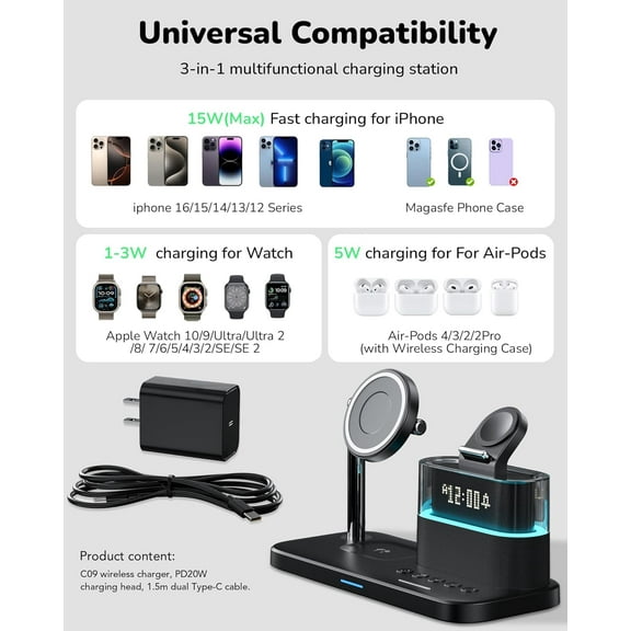 5 in 1 Wireless Charger with Alarm Clock for Devices, Bedside Night Light Charging Station for 16/15/14/13/12, Watch, (Black)