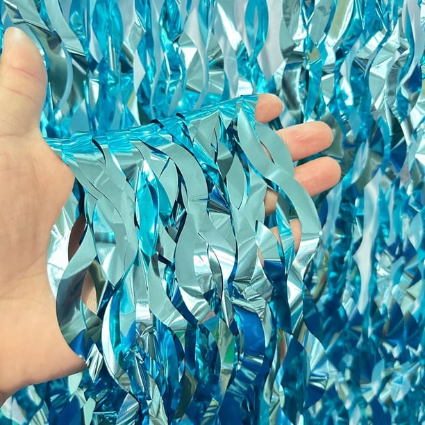 Nvzi Cortinas con flecos de papel de aluminio metalizado azul ondulado, paquete de 2, serpentinas de fiesta de 3,28 x 6,56 pies para decoraciones de fiesta de cumpleaños