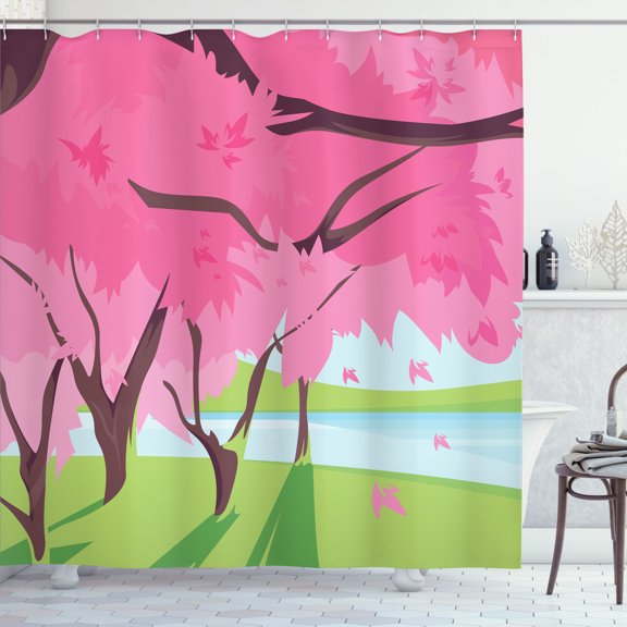 Ambesonne Japan Shower Curtain, Sakura Tree River Floral Art, 69"Wx75"L, Pastel Pink Blue and Green