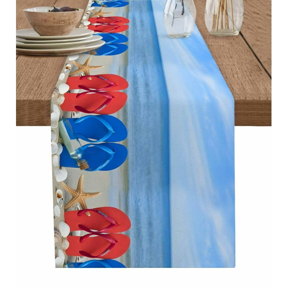 Beach Coastal Slippers Burlap Cotton Table Runner 16x72 Inches Long, Ocean Starfish Shell Shoreline Farmhouse Table Runners, Outdoor Dining Tablecloths Decor for Baby Shower/Party/Wedding