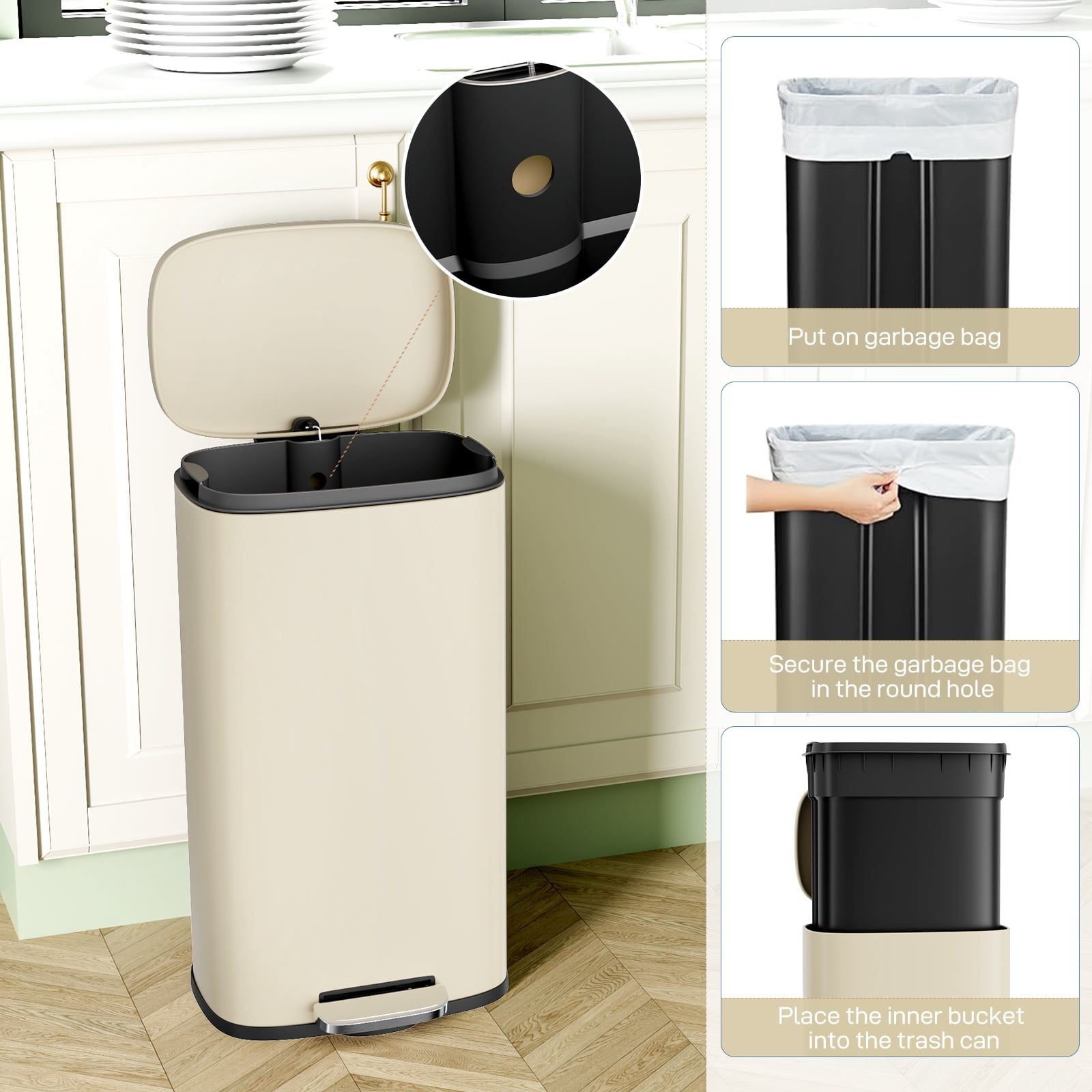 TLSUNNY 8 Gallon Kitchen Trash Can, Stainless Steel Step Garbage Bin with Pedal & Inner Bucket, Soft Close Lid