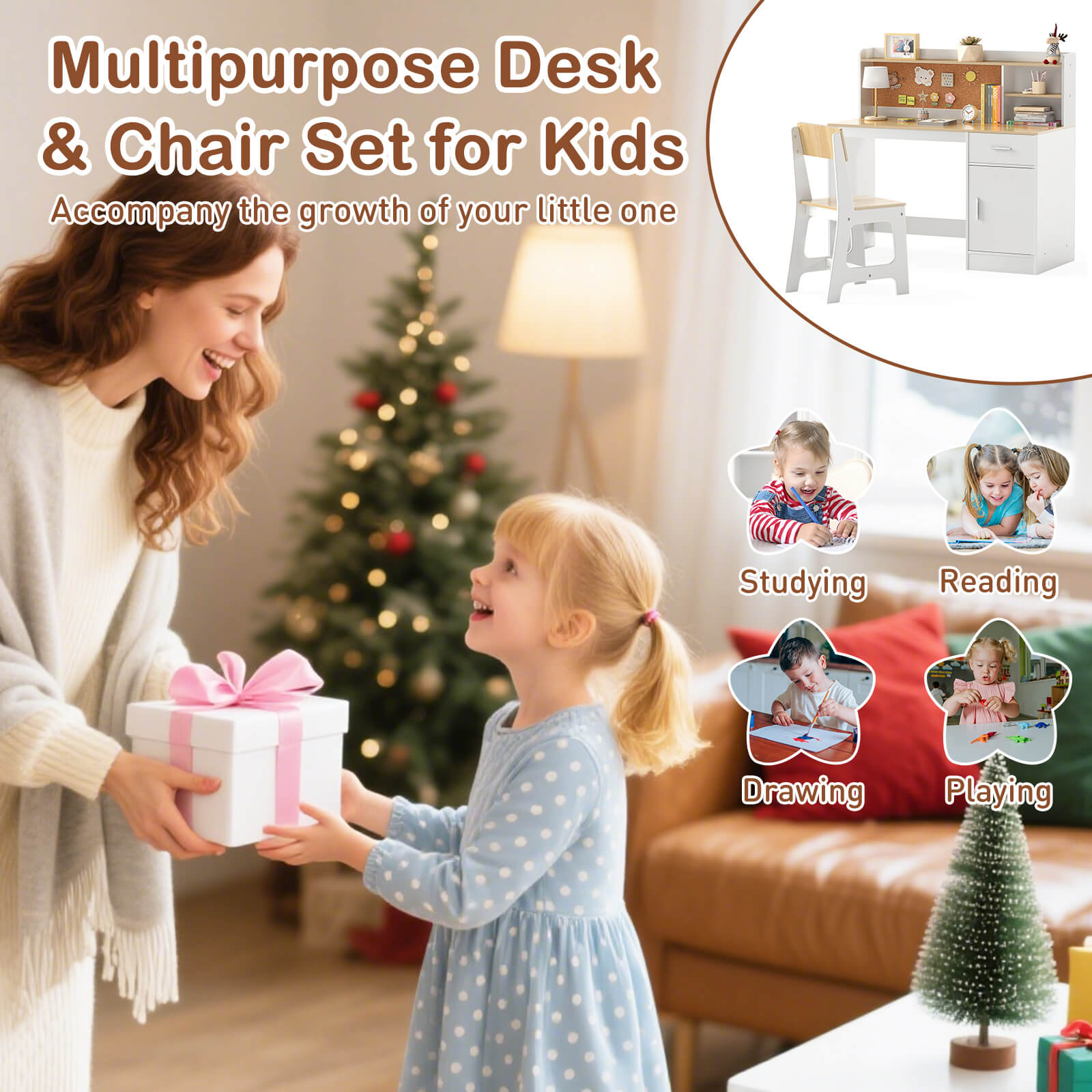 Costway Kids Study Desk and Chair Set Wooden Children Writing Table with Shelves & Drawer Beige