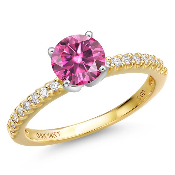 Gem Stone King 14K Two Tone Gold Pink Moissanite and Lab Grown Diamond Engagement Ring for Women | 0.66 Cttw | Round 5MM | Gemstone Birthstone | Size 8