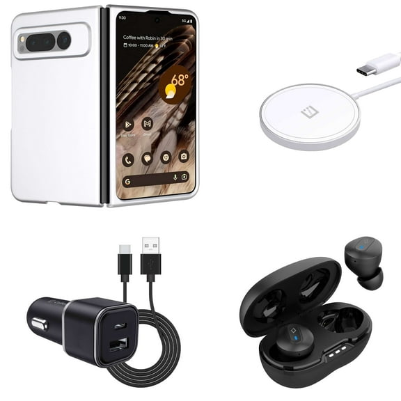 Premium Accessories for Google Pixel Fold - Snap-On Slim Protective Matte Finish Cover Phone Case (Silver), Earbuds, 15W Magnetic Wireless Charger, 30W Dual (USB-C, USB-A) Car Charger