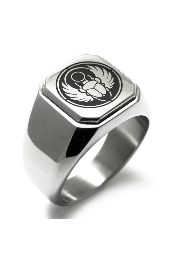 Stainless Steel Scarab Beetle Sun Ring Engraved Square Flat Top Biker Style Polished Signet Ring