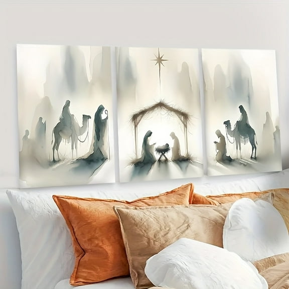 3pcs Frameless Canvas Wall Art Set, Watercolor Nativity Scene Paintings, Art Deco, Classic, Modern Style, Landscape Theme, Portrait Orientation, for Living Room, Bedroom, Home Office, Kitchen, Class