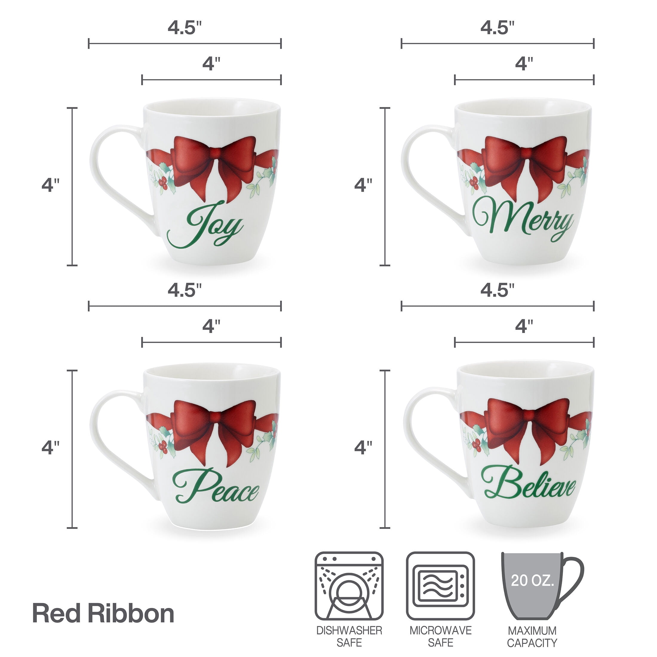 Pfaltzgraff Winterberry Porcelain 20 oz Mug Sentiment Bows Set of 4
