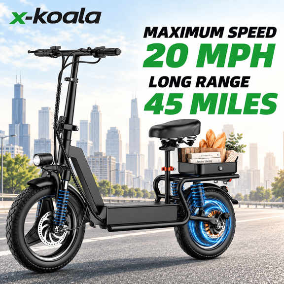 x-koala Electric Scooter for Adults, Foldable E-Moped Scooter with 500W Peak Motor, 48V 17.5Ah Battery, Up to 35 Miles, Adjustable Seat, Rear Box, 14" Pneumatic Tires, 10 Shock Absorption